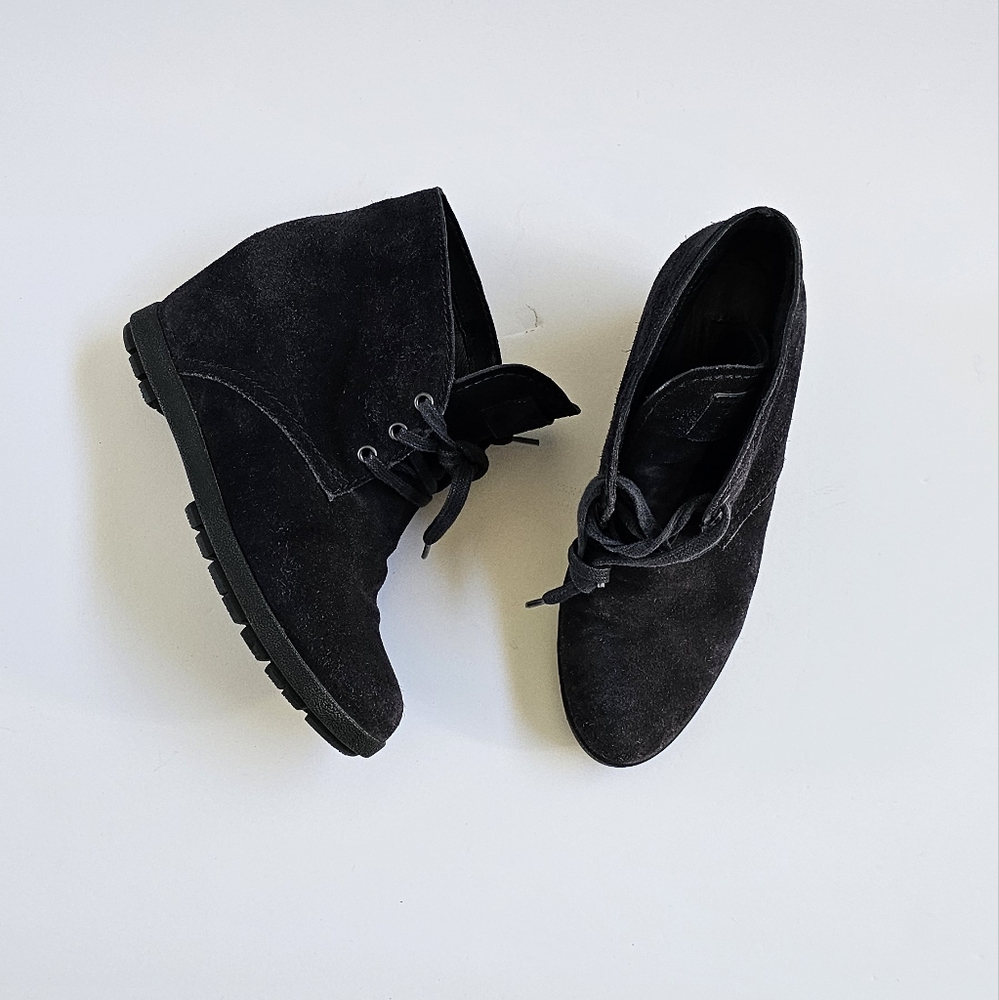 Prada Black Suede Wedge Lace Up Booties Sz 36 1/2